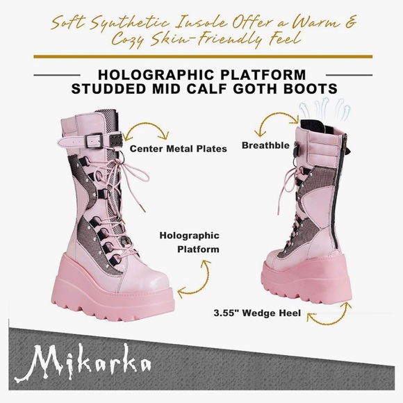 Goth Mid-calf Pink Hologram Platform Lace-up, Zip-up Combat Boots - Picture 2 of 10